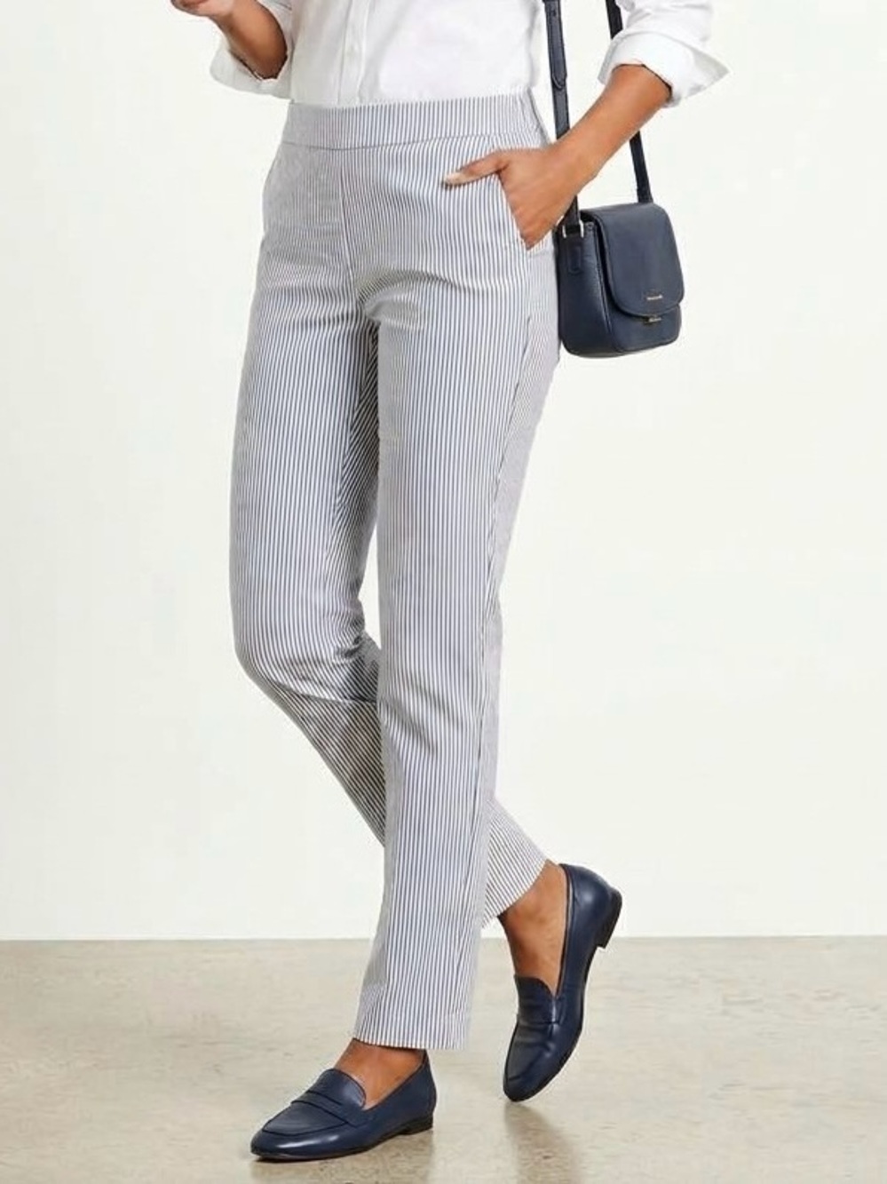 Carolina Belle Blue and White Pinstripe Straight-Leg Seersucker Pull-on Pants